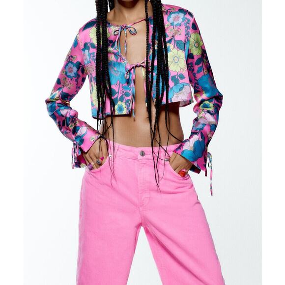 Zara Satin Floral Crop Top XS Flyaway Tie Front Bell Sleeve Pink - Picture 1 of 11